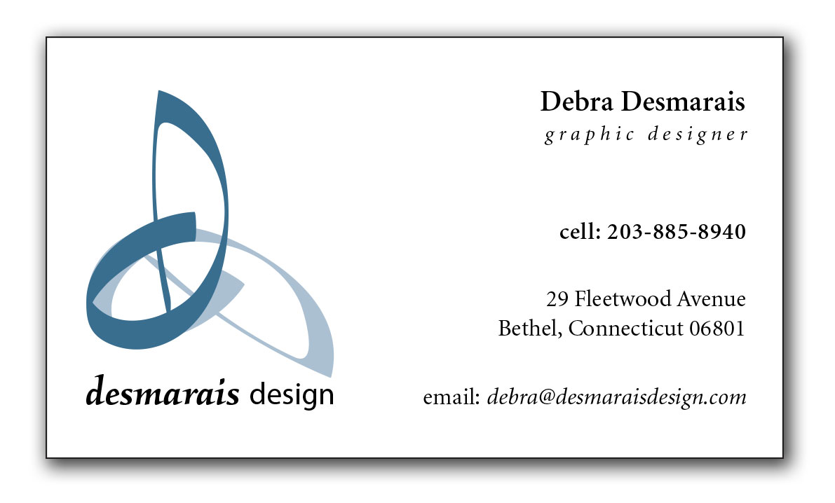 This is an image of Debra Desmarais business card with cell phone 203-885-8940 and business location in Bethel, CT.