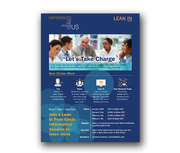 This image shows the "Lean In" digital promotion design. The promotion is designed to describe peer mentoring programs available at Booz Allen Hamilton. The piece follows the "Lean In" branding and includes workshop dates and descriptions. This was an internal promotion, distributed via the web.