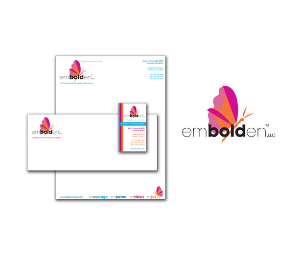 This image shows the design for the logo and stationery system for the company, Embolden. Embolden is a consulting company whose clients include young women, female teens and tweens. The bold color palette and graphic interpretation of a butterfly support the company mission of helping women embrace their true self.