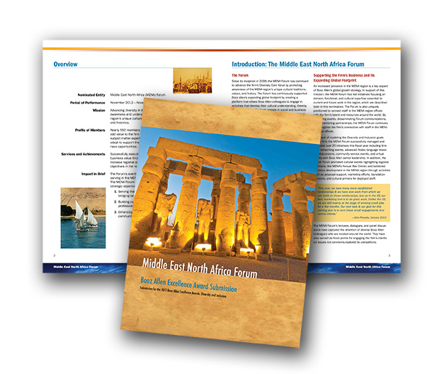 The image shows the cover and sample two page spread from the MENA Forum Brochure. Desmarais Design provided all phases of graphic design from initial concept through press ready digital files. Client content was provided in MS Word and flowed into InDesign and reformatted according to the new layout specifications. 